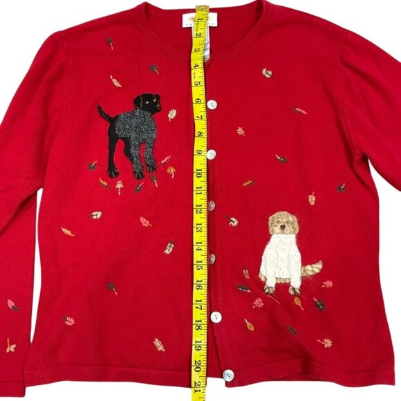 Talbots Vintage Red Knit Cardigan Sweater Dog & Fall Embroidery Small Petite - Picture 10 of 12